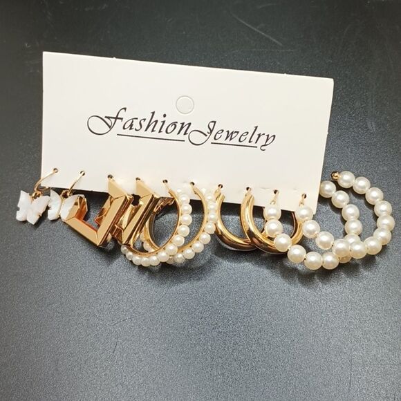 pearl butterfly gold hoop earring set bundle elegant lot - Picture 2 of 9